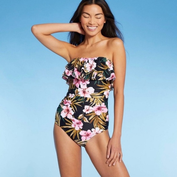 New! Kona Sol Tropical Floral Ruffle Flounce High Coverage Swimsuit - Picture 1 of 16